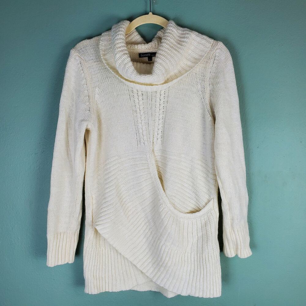 Berretti Cream Faux Wrap Cowl Neck Wool Blend Long Sleeve Sweater Size Large